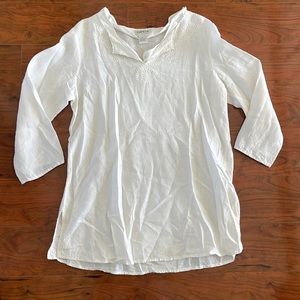 Orvis White 100% Linen Embroidered V Neck Three Quarter Length Sleeves Tunic